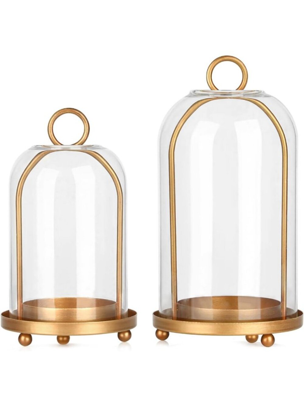 Set of 2 Vintage Brass Candle Lanterns with Thick Glass Dome - Home Decor Accent